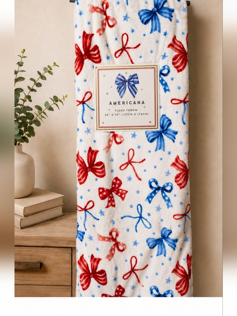 Patriotic Plush Throw Blanket - White with Red & Blue Bows